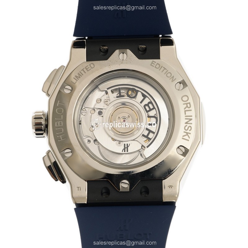 Hublot Classic Fusion Replica - Automatic - Titanium Case - Transparent Dial - Blue Rubber Strap - View 3