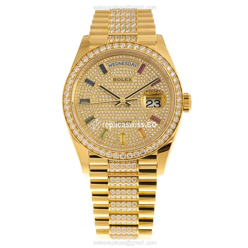 Rolex DAY-DATE Replica - Automatic - 18kt Gold Case - Diamond Dial - Gold Clasp - View 2