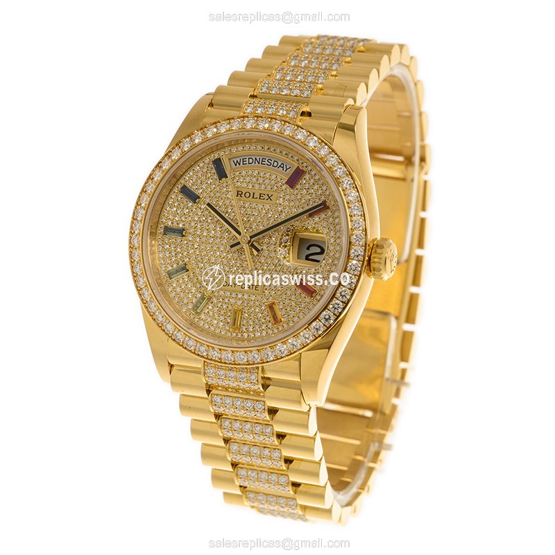Rolex DAY-DATE Replica - Automatic - 18kt Gold Case - Diamond Dial - Gold Clasp - View 3