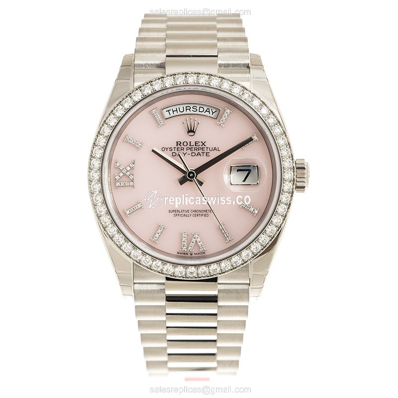Rolex DAY-DATE Replica - Automatic - 18kt White Gold - Pink Dial - Diamond - Silver Clasp - View 2