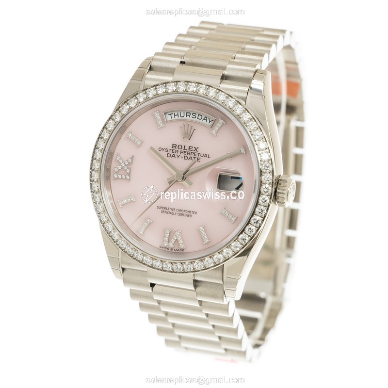 Rolex DAY-DATE Replica - Automatic - 18kt White Gold - Pink Dial - Diamond - Silver Clasp - View 3