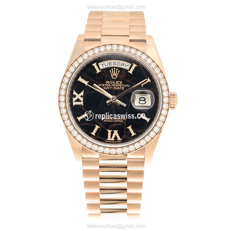 Rolex DAY-DATE Replica - Automatic - 18kt Rose Gold Case - Blue Dial & Diamonds - View 2