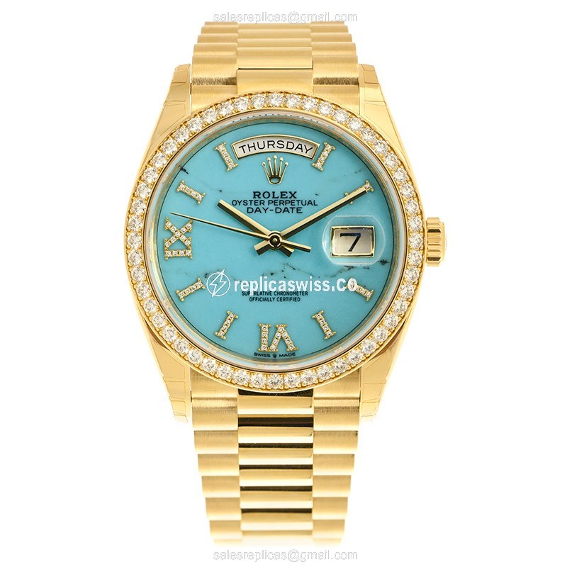 Rolex Day-Date Replica - Automatic - 18kt Gold Case & Blue Dial - Diamond Clasp - View 2
