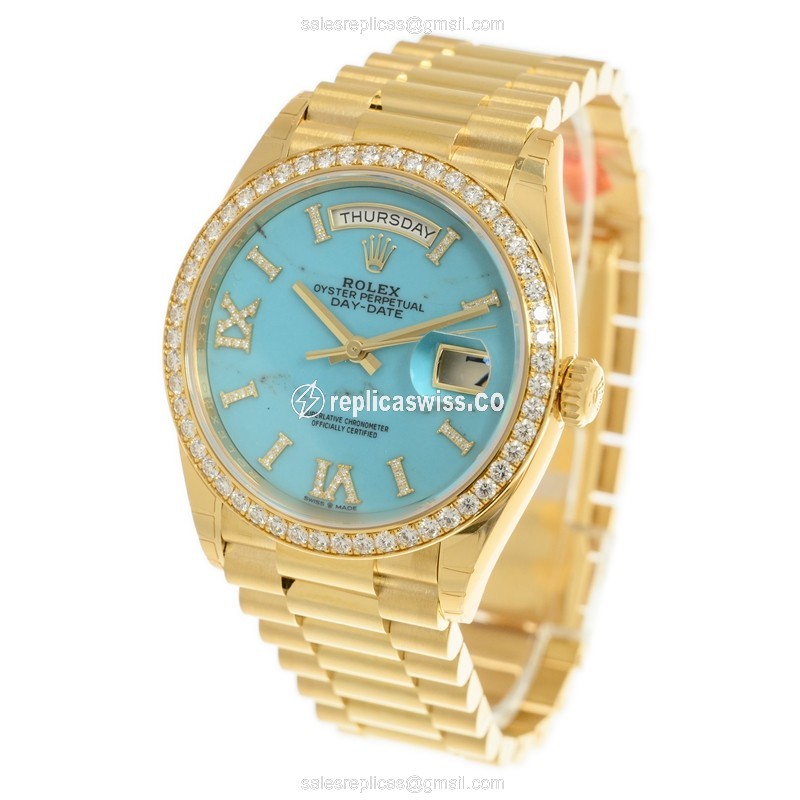 Rolex Day-Date Replica - Automatic - 18kt Gold Case & Blue Dial - Diamond Clasp - View 3