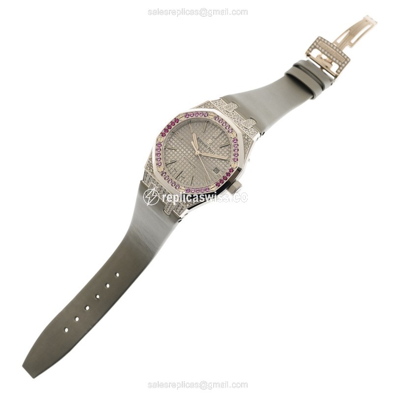 Audemars Piguet Royal Oak Replica - Automatic - 18kt White Gold - Diamond - Silver Dial - Grey Cowhide Strap - View 2