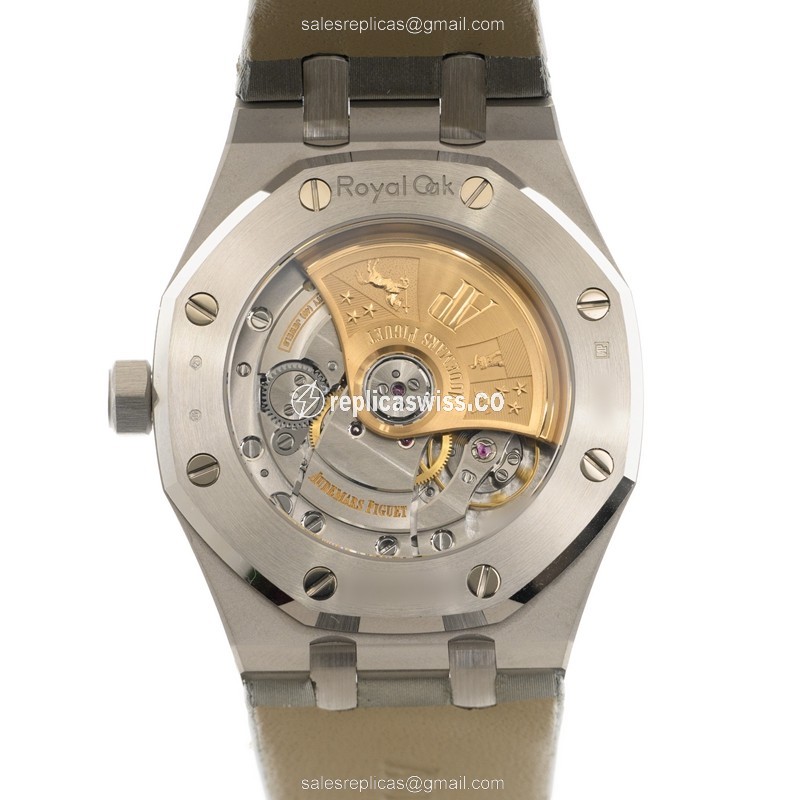 Audemars Piguet Royal Oak Replica - Automatic - 18kt White Gold - Diamond - Silver Dial - Grey Cowhide Strap - View 3