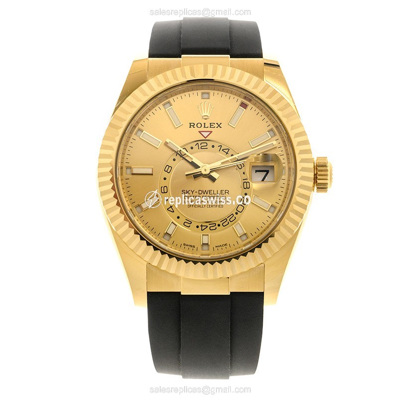 Rolex Sky-Dweller Replica - Automatic - 18kt Yellow Gold - Gold Dial - Rubber Strap - View 2