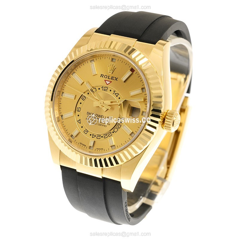 Rolex Sky-Dweller Replica - Automatic - 18kt Yellow Gold - Gold Dial - Rubber Strap - View 3