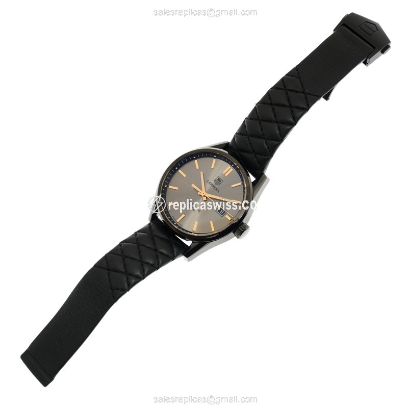 Tag Heuer CARRERA Quartz Replica - Black Dial - Steel Case - Leather Strap - View 2