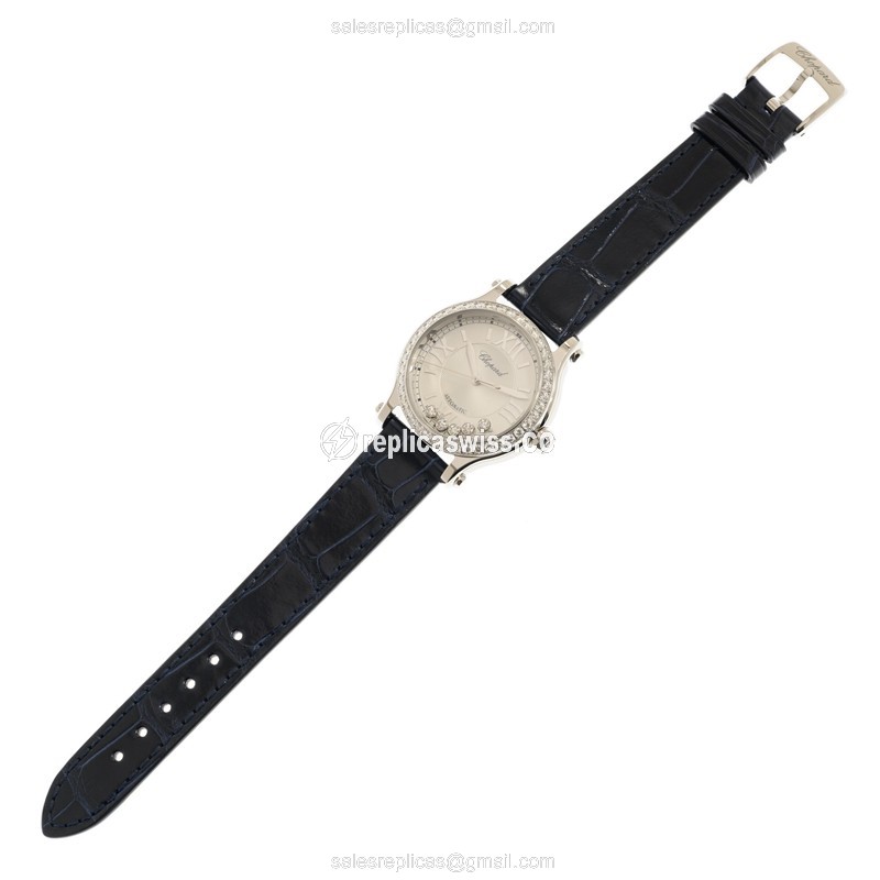 Chopard Happy Sport Replica - Automatic - Stainless Steel & Diamonds - Silver Dial - Blue Alligator Strap - View 2