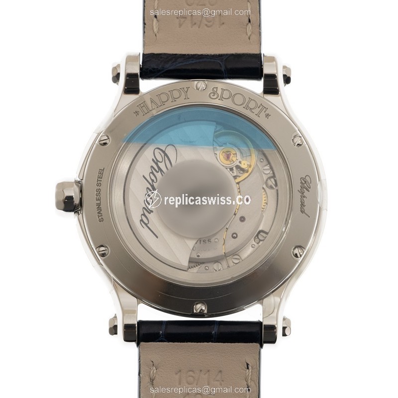 Chopard Happy Sport Replica - Automatic - Stainless Steel & Diamonds - Silver Dial - Blue Alligator Strap - View 3