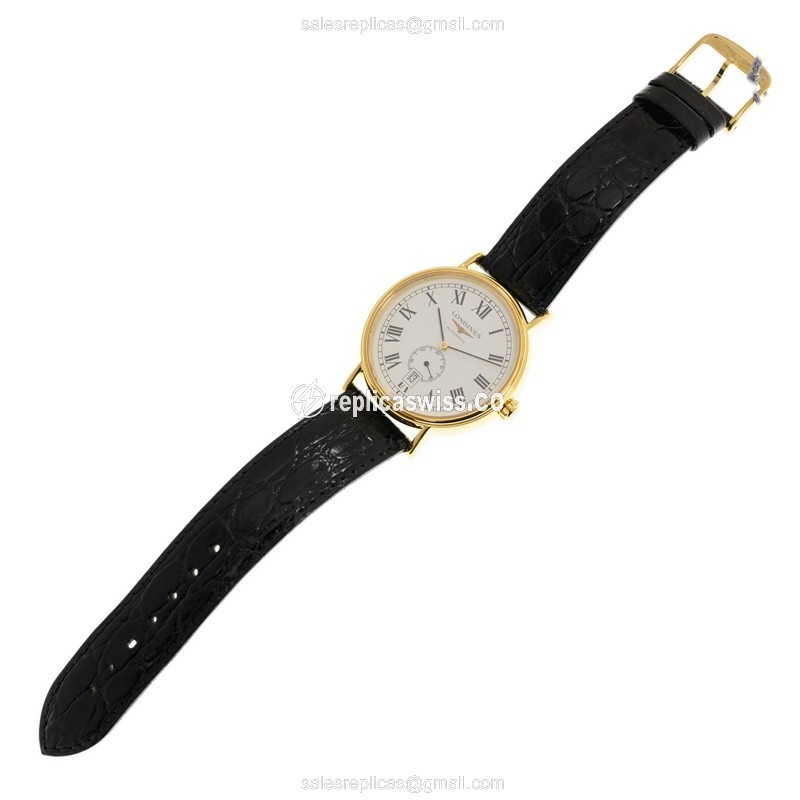 Longines Presence Replica - Gold-Plated/Steel - Automatic - White Dial, Black Leather Strap - View 2