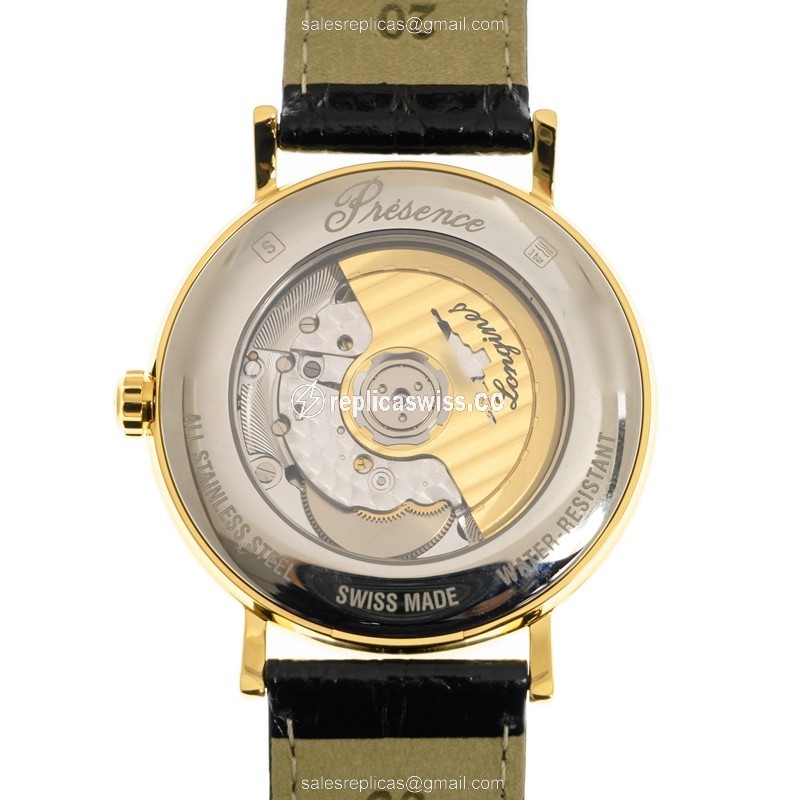 Longines Presence Replica - Gold-Plated/Steel - Automatic - White Dial, Black Leather Strap - View 3