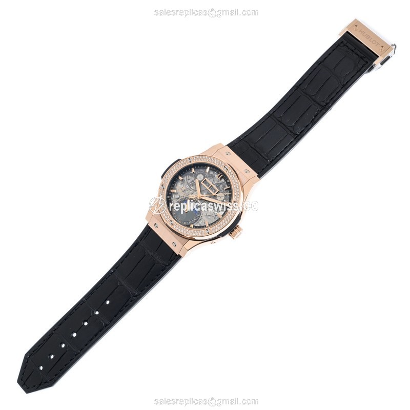 Hublot Classic Fusion Replica - Automatic - 18kt Rose Gold - Diamonds - Transparent Dial - Black Alligator Strap - View 2