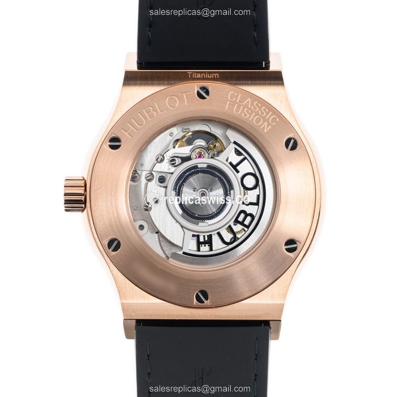 Hublot Classic Fusion Replica - Automatic - 18kt Rose Gold - Diamonds - Transparent Dial - Black Alligator Strap - View 3