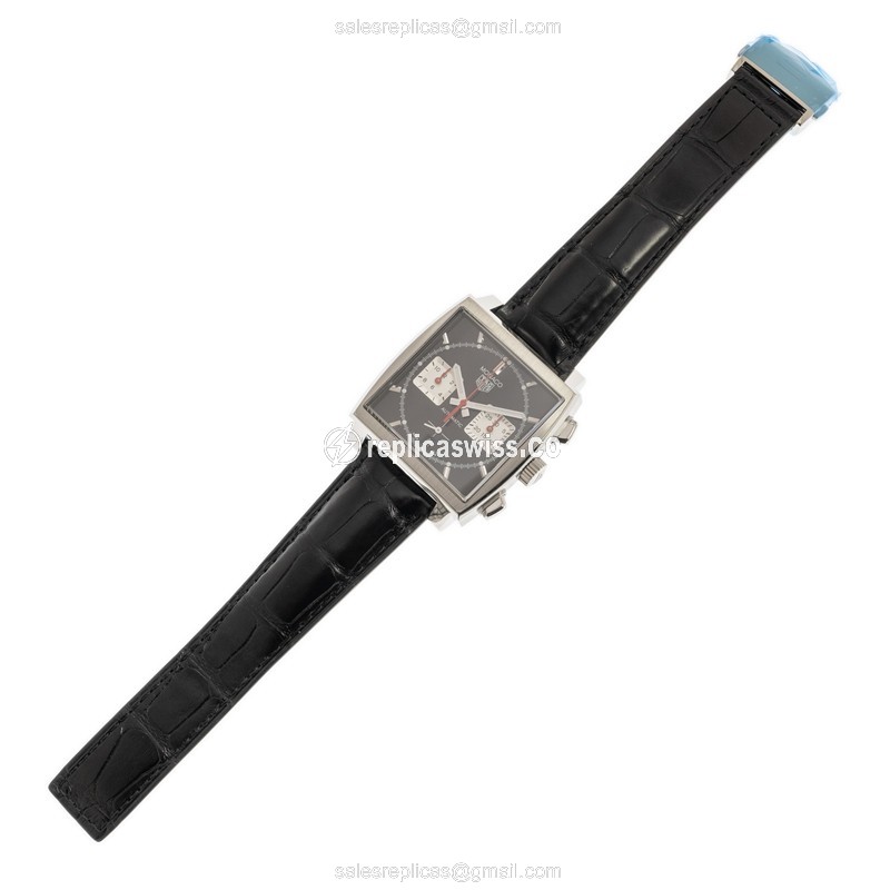 Automatic Tag Heuer MANACO Replica - Steel Case - Black Dial - Alligator Black Strap - View 2