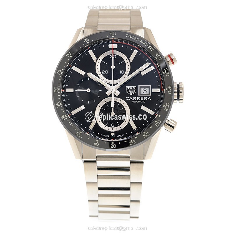 Tag Heuer Carrera Replica - Automatic - Black Dial - Silver Steel Strap - Clasp - View 2