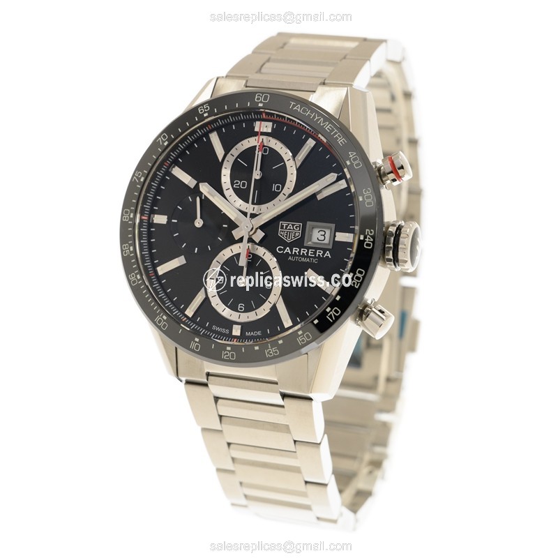 Tag Heuer Carrera Replica - Automatic - Black Dial - Silver Steel Strap - Clasp - View 3