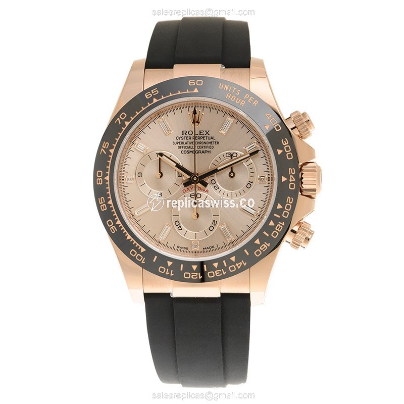 Rolex Daytona Replica | 18kt Rose Gold | Automatic | Pink Dial | Black Rubber Strap - View 2