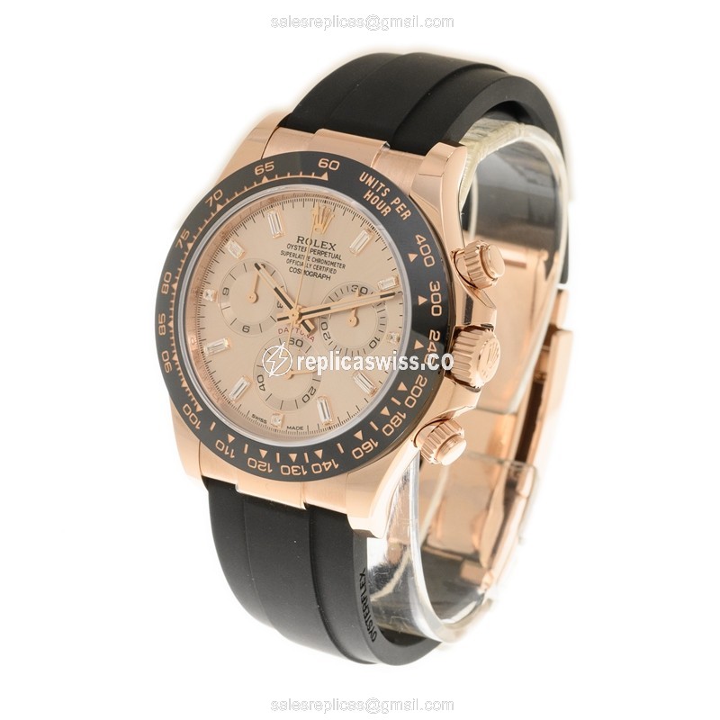 Rolex Daytona Replica | 18kt Rose Gold | Automatic | Pink Dial | Black Rubber Strap - View 3