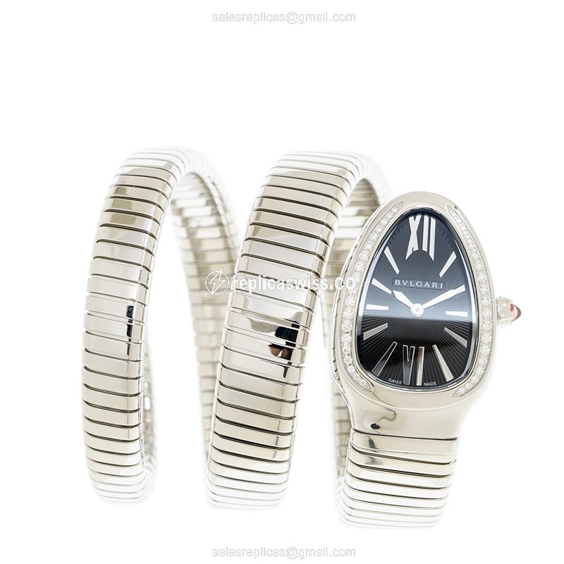 Bulgari Serpenti Tubogas Replica - Quartz - Black Dial - Diamond - Silver Steel Bangle - View 2