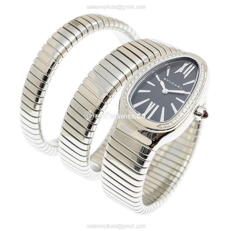 Bulgari Serpenti Tubogas Replica - Quartz - Black Dial - Diamond - Silver Steel Bangle - View 3