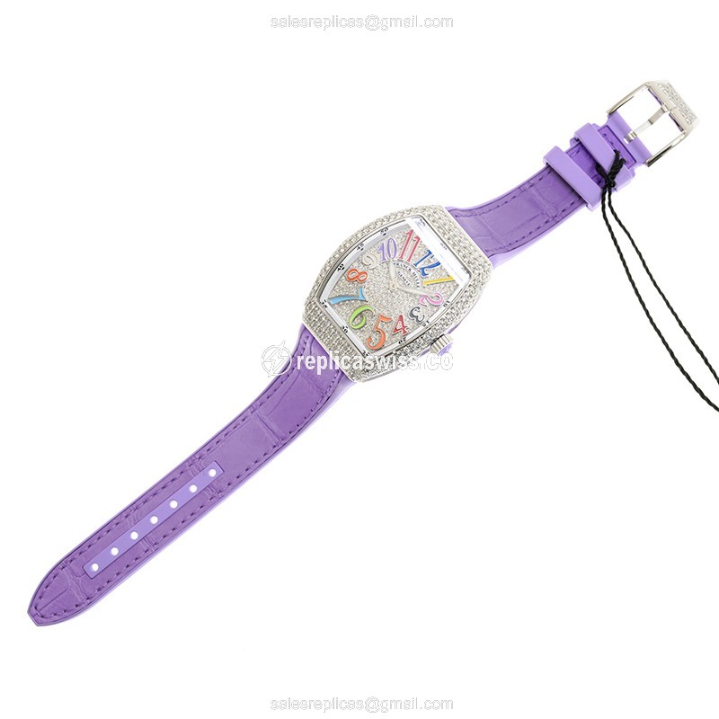 Franck Muller V 32 QZ D CD COL DRM AC.VL Vanguard Quartz - 18kt White Gold Case, Diamond Dial, Silver - Alligator Purple Strap - View 2