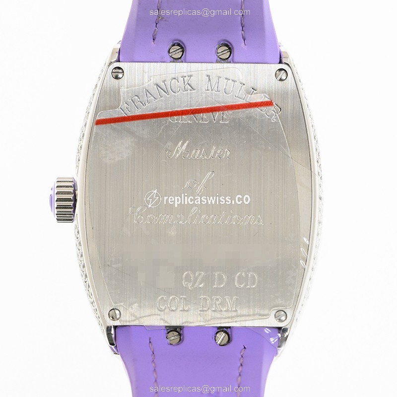 Franck Muller V 32 QZ D CD COL DRM AC.VL Vanguard Quartz - 18kt White Gold Case, Diamond Dial, Silver - Alligator Purple Strap - View 3