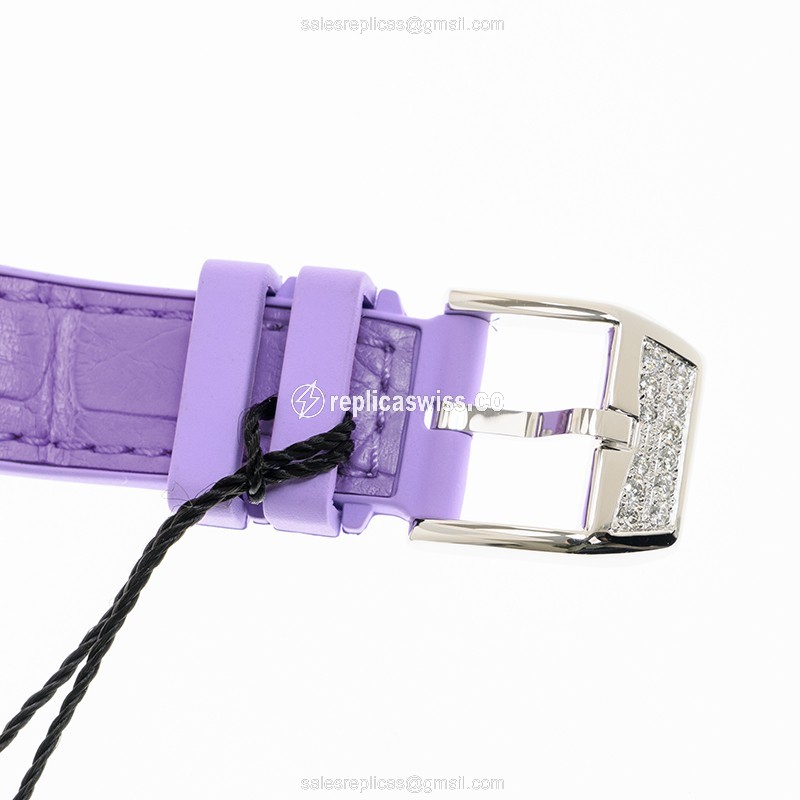 Franck Muller V 32 QZ D CD COL DRM AC.VL Vanguard Quartz - 18kt White Gold Case, Diamond Dial, Silver - Alligator Purple Strap - View 4