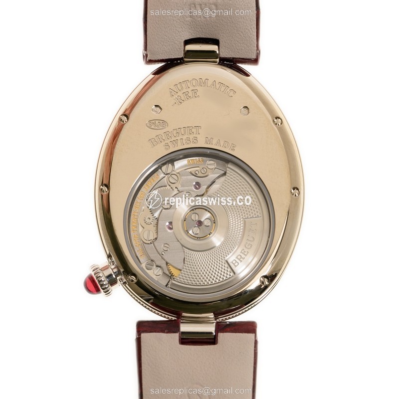 Breguet REINE DE NAPLES Replica - Automatic - 18kt White Gold - Diamond - White Dial - Red Alligator Strap - View 3
