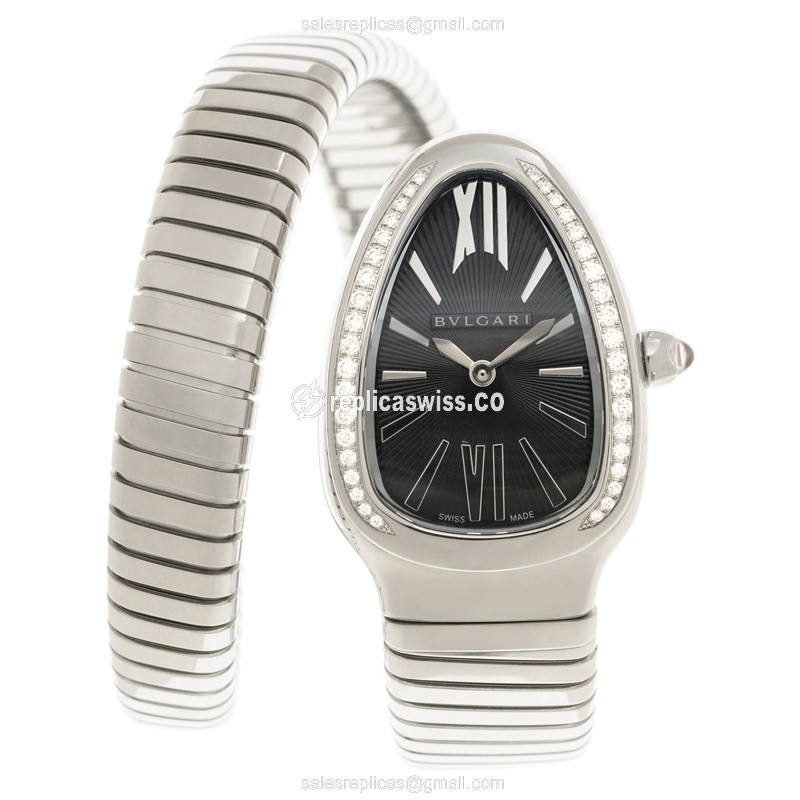 Bulgari Serpenti Tubogas Replica - Quartz - Stainless Steel - Black Dial - Bangle Clasp - Silver Steel Strap - View 2