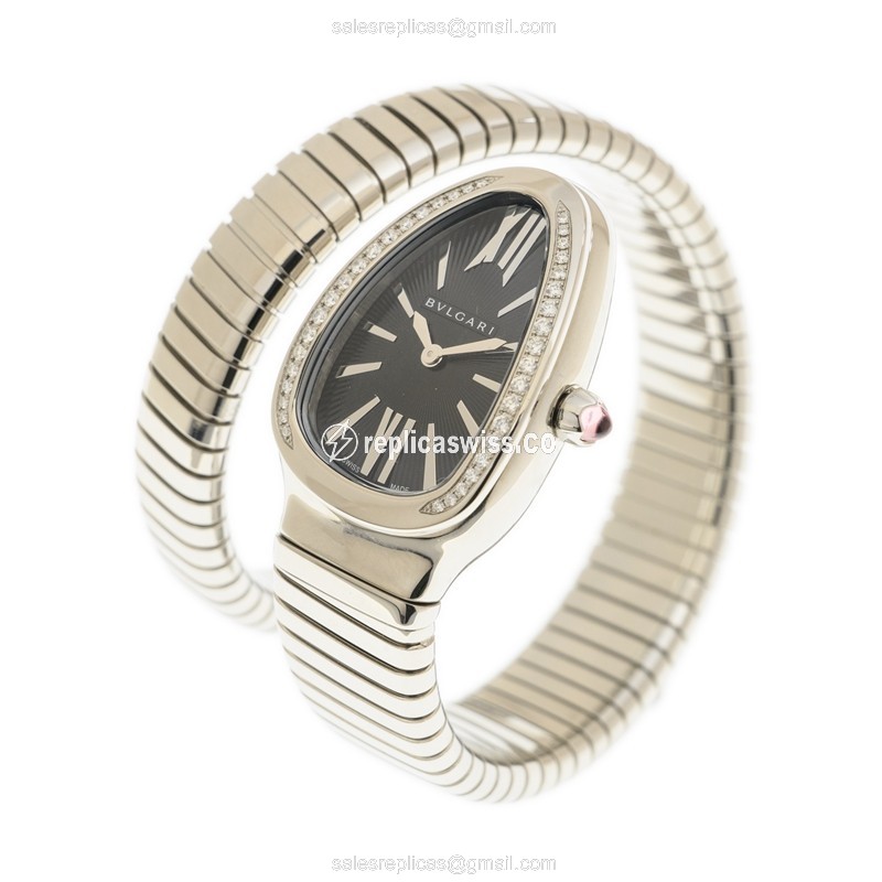 Bulgari Serpenti Tubogas Replica - Quartz - Stainless Steel - Black Dial - Bangle Clasp - Silver Steel Strap - View 4