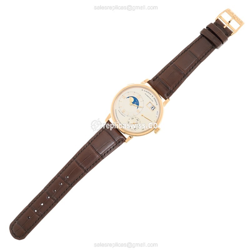 A Lange & Sohne LANGE 1 Replica - Manual - 18kt Rose Gold - Silver Dial - Brown Alligator Strap - View 2