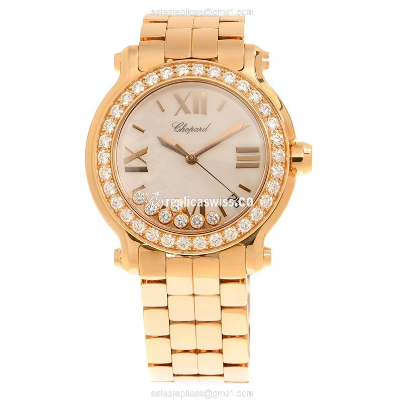 Chopard Happy Sport Replica - Quartz - 18kt Rose Gold - Diamond Dial - Gold Strap - View 2