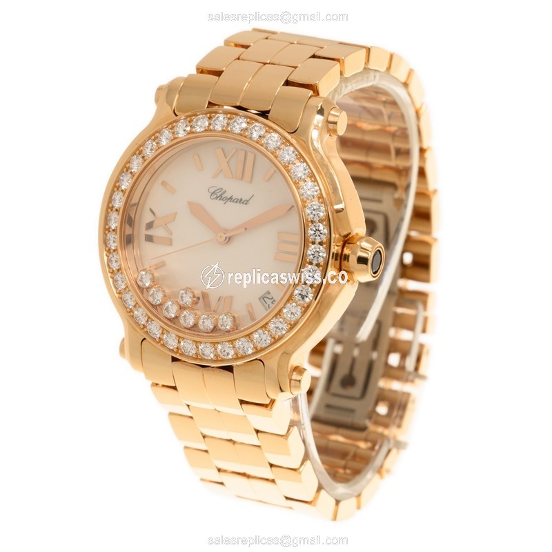 Chopard Happy Sport Replica - Quartz - 18kt Rose Gold - Diamond Dial - Gold Strap - View 3