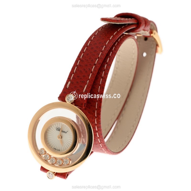 Chopard Happy Diamonds Quartz 18kt Rose Gold - White Dial - Leather Red Strap - Buckle Clasp - View 2