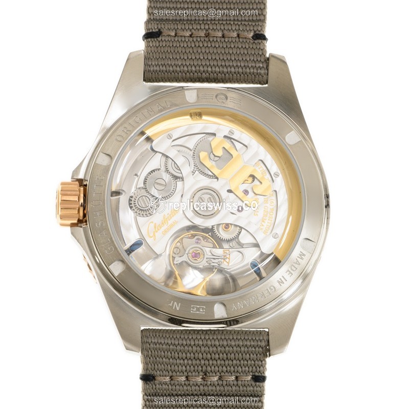 Glashutte Senator Panorama Date Replica - Automatic - 18kt Rose Gold & Steel - Gray Dial - Canvas Strap - View 3