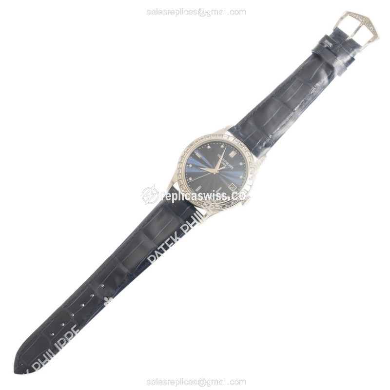 Patek Philippe Calatrava Replica - Automatic - 950 Platinum - Blue Dial - Diamond - Alligator Blue Strap - View 2