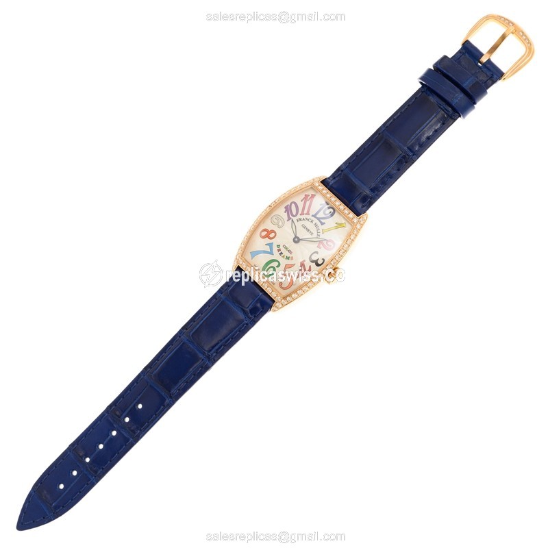 Franck Muller 2852 B QZ COL DRM D 1R - Quartz - Rose Gold Case - Silver Dial - Blue Leather Strap - View 2