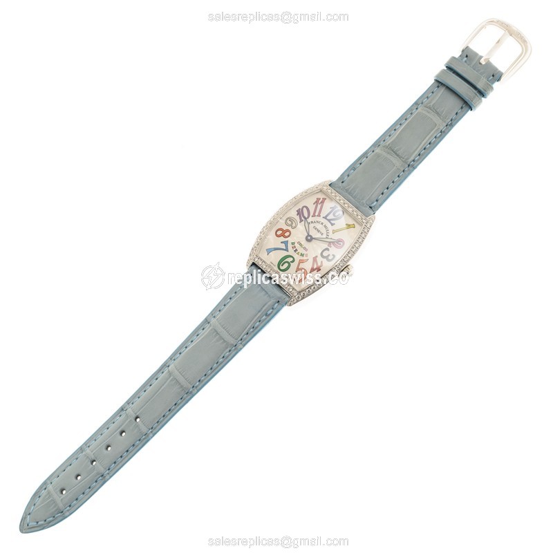 Franck Muller 7502 QZ COL DRM D 1R AC Replica - Quartz - Diamond Case - Silver Dial - Blue Leather Strap - View 2