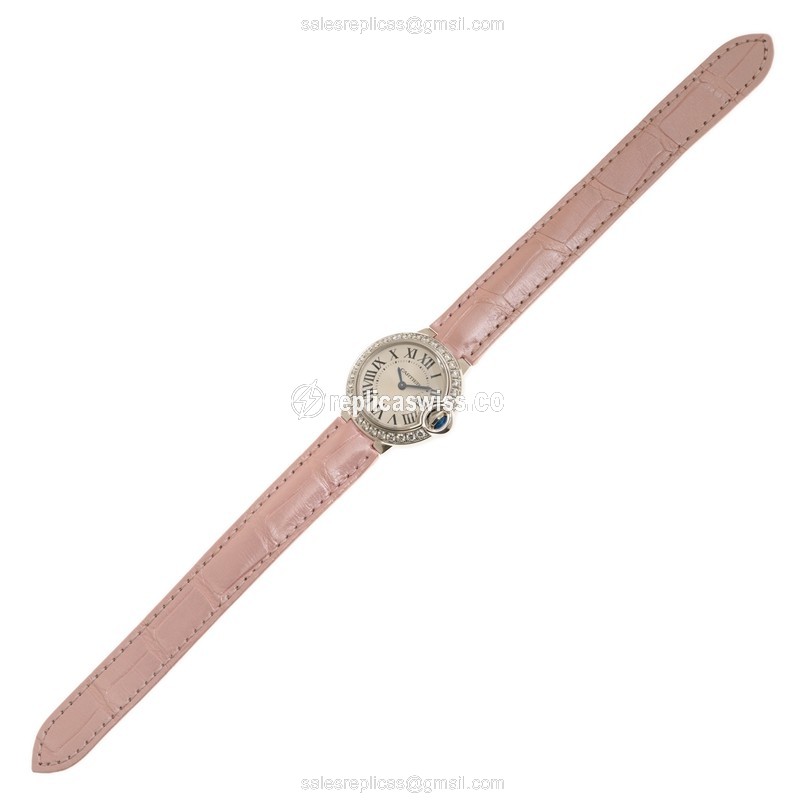 Cartier Ballon Bleu Replica - Quartz - 18kt White Gold - Diamond Set - Silver Dial - Pink Alligator Strap - View 2