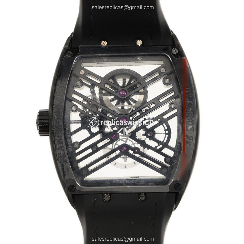 Franck Muller V 45 S6 SQT Carbon NR - Automatic - Steel Case, Transparent Dial, Black Canvas Strap - View 3