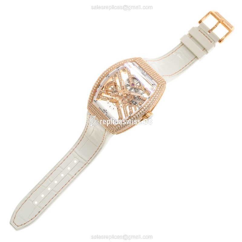 Franck Muller V45 Replica - Automatic - 18kt Rose Gold - Diamond Case - Transparent Dial - View 2