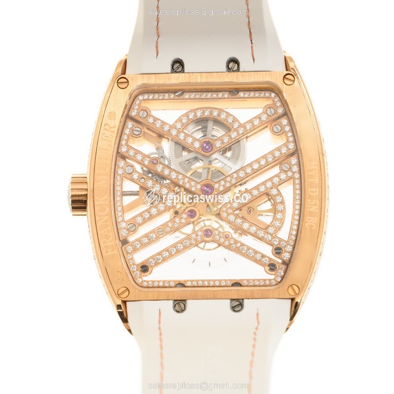 Franck Muller V45 Replica - Automatic - 18kt Rose Gold - Diamond Case - Transparent Dial - View 3