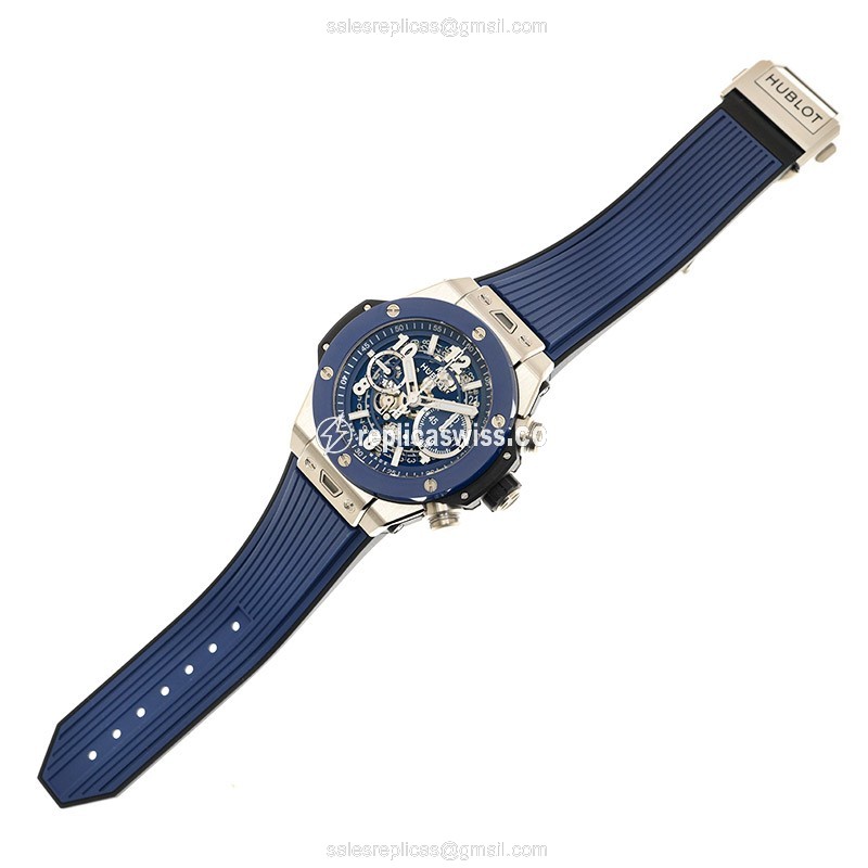 Hublot BIG BANG Replica - Automatic - Titanium - Transparent - Blue Rubber Clasp - View 2