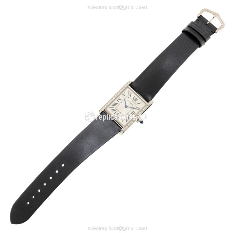 Cartier W4TA0017 TANK Replica - Quartz - Diamonds - Silver Dial - Black Cowhide Strap - View 2
