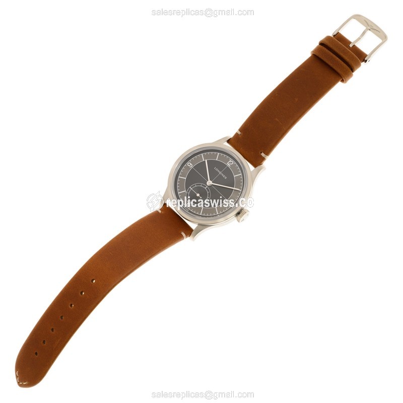 Longines Heritage Replica - Automatic - Stainless Steel - Black Dial - Brown Leather Strap - Buckle Clasp - View 2