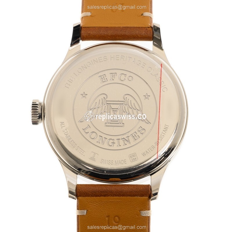 Longines Heritage Replica - Automatic - Stainless Steel - Black Dial - Brown Leather Strap - Buckle Clasp - View 3