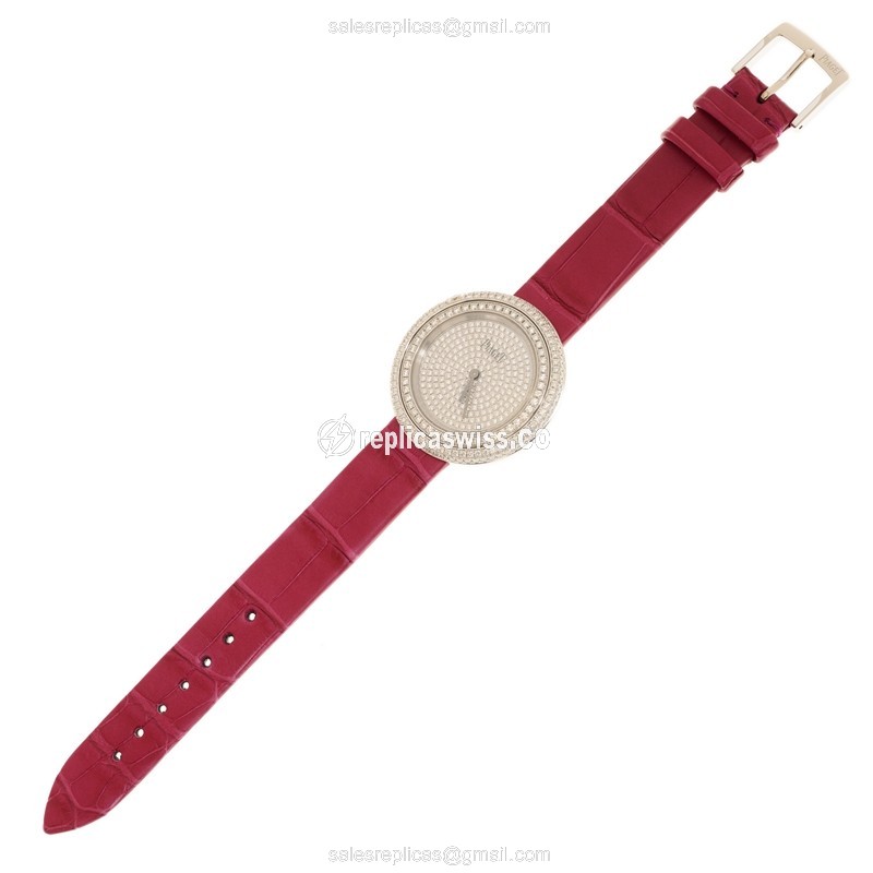 Piaget POSSESSION Quartz 18kt White Gold Diamond Clasp Pink Alligator Strap Silver Dial - View 2