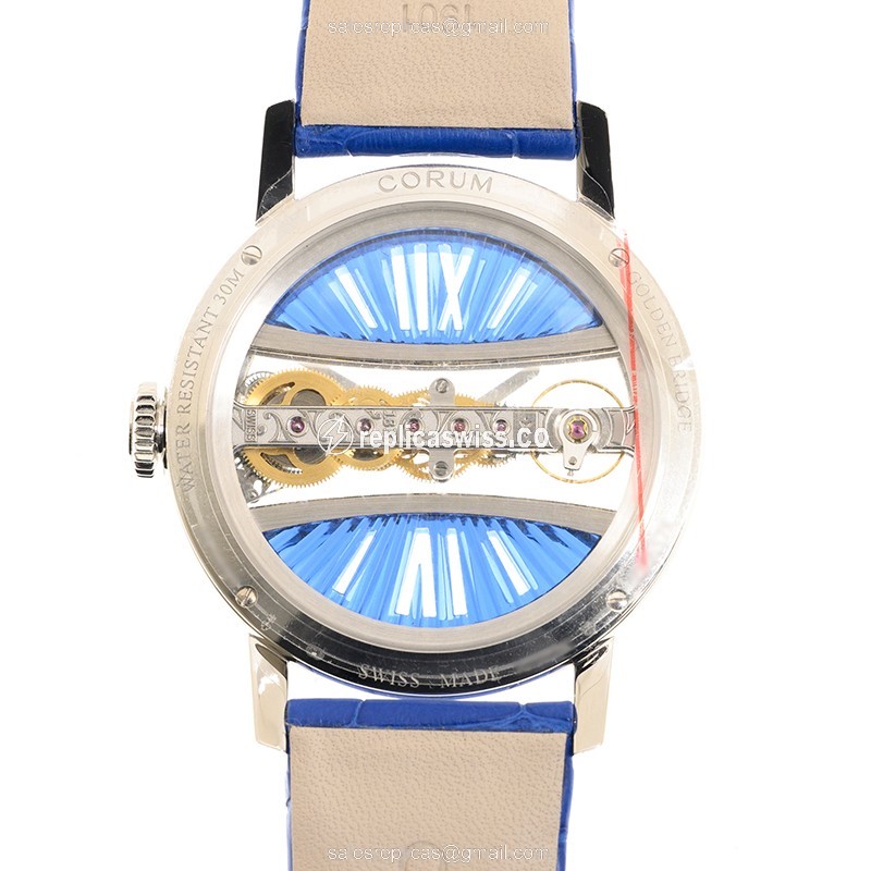 Corum Golden Bridge Replica - Manual - 18kt White Gold - Diamond - Blue Alligator Strap - View 3